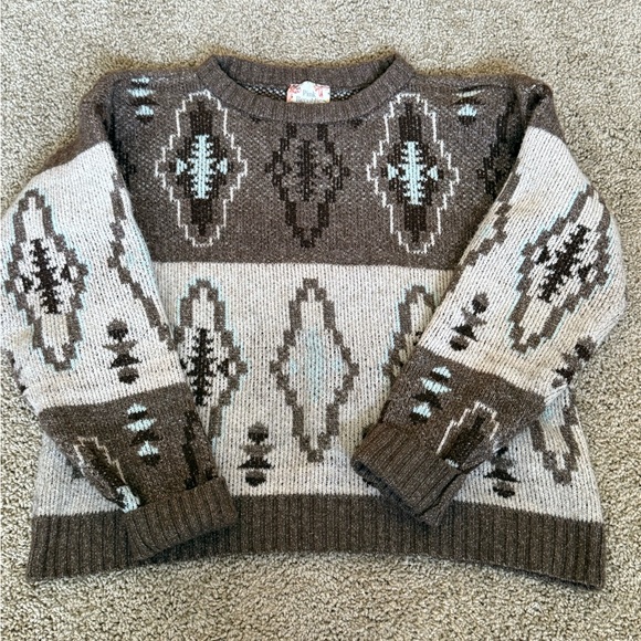 Cozy Aztec Western Patterned Sweater - Brown and Blue - Picture 2 of 4
